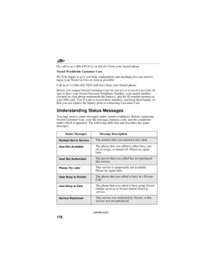 Page 188nextel.com
178
Or, call us at 1-800-639-6111 or dial 611 from your Nextel phone.
Nextel Worldwide Customer Care
We’ll be happy to give you help, explanations and anything else you need to
enjoy your Nextel service as soon as possible!
Call us at +1(360) 662-5202 (toll free) from your Nextel phone.
Before you contact Nextel Customer Care for service or to resolve an issue, be
sure to have your Nextel Personal Telephone Number, your model number
(located on your phone underneath the battery), and the ID...