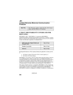 Page 214nextel.com
204
Limited Warranty Motorola Communication
Products
I. WHAT THIS WARRANTY COVERS AND FOR
HOW LONG:
MOTOROLA, INC. (“MOTOROLA”) warrants the MOTOROLA
manufactured iDEN Communication Products listed below (“Product”)against
defects in material and workmanship under normal use and service for a period
of time from the date of purchase as scheduled below:
Rechargeable Batteries will be replaced during the applicable warranty period
if:
a. the battery capacity falls below 80% of rated capacity,...