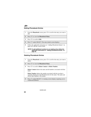 Page 62nextel.com
52 Editing Phonebook Entries
Deleting Phonebook Entries
1From thePhonebookscreen, pressRto scroll to the entry you want to
edit.
2Pressmto view thePhonebook Menu.
3PressRto scroll toEdit.
4PressBunder SELECT. The entry details screen displays.
5Follow the applicable instructions in“Adding Phonebook Entries”on
page 46 to edit the various fields.
NOTE: To add additional numbers to an existing entry, follow the
applicable instructions in“Adding Phonebook Entries”on
pa ge 46 .
1From...