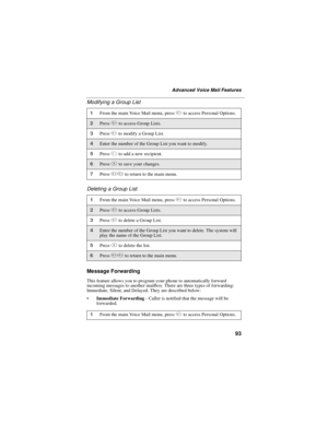 Page 10393
Advanced Voice Mail Features
Modifying a Group List
Deleting a Group List
Message Forwarding
This feature allows you to program your phone to automatically forward
incoming messages to another mailbox. There are three types of forwarding:
Immediate, Silent, and Delayed. They are described below:
Immediate Forwarding- Caller is notified that the message will be
forwarded.
1From the main Voice Mail menu, press4to access Personal Options.
2Press2to access Group Lists.
3Press4to modify a Group List....