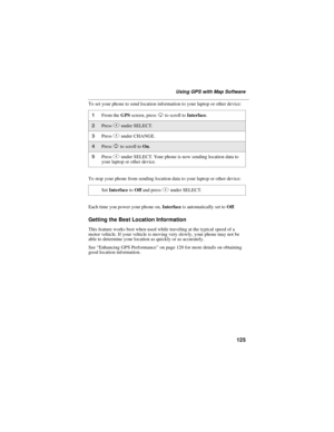 Page 135125
UsingGPSwithMapSoftware
To set your phone to send location information to your laptop or other device:
To stop your phone from sending location data to your laptop or other device:
Each time you power your phone on,Interfaceis automatically set toOff.
Getting the Best Location Information
This feature works best when used while traveling at the typical speed of a
motor vehicle. If your vehicle is moving very slowly, your phone may not be
able to determine your location as quickly or as accurately....