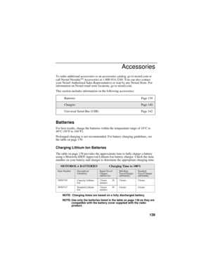 Page 147139
Accessories
To order additional accessories or an accessories catalog, go to nextel.com or 
call Nextel NextdaySM Accessories at 1-800-914-3240. You can also contact 
your Nextel Authorized Sales Representative or stop by any Nextel Store. For 
information on Nextel retail store locations, go to nextel.com.
This section includes information on the following accessories:
Batteries
For best results, charge the batteries within the temperature range of 10°C to 
40°C (50°F to 104°F).
Prolonged charging...