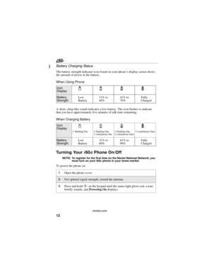 Page 2012
nextel.com
Battery Charging Status
The battery strength indicator icon found on your phone’s display screen shows 
the amount of power in the battery.
When Using Phone
A short, chirp-like sound indicates a low battery. The icon flashes to indicate 
that you have approximately five minutes of talk time remaining.
When Charging Battery
Turning Your i60c Phone On/Off 
NOTE: To register for the first time on the Nextel National Network, you 
must turn on your i60c phone in your home market.
To power the...