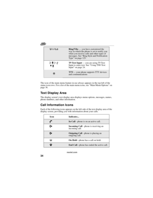 Page 4234
nextel.com
The icon of the main menu feature in use always appears in the top left of the 
status icon rows. For a list of the main menu icons, see “Main Menu Options” on 
page 36.
Text Display Area
The display screen’s text display area displays menu options, messages, names, 
phone numbers, and other information.
Call Information Icons
Each of the following icons appears on the left side of the text display area of the 
display screen, providing you with information about your calls.
-[\*Ring/Vibe —...