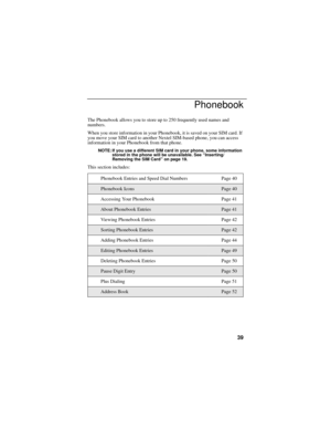 Page 4739
Phonebook
The Phonebook allows you to store up to 250 frequently used names and 
numbers.
When you store information in your Phonebook, it is saved on your SIM card. If 
you move your SIM card to another Nextel SIM-based phone, you can access 
information in your Phonebook from that phone.
NOTE: If you use a different SIM card in your phone, some information 
stored in the phone will be unavailable. See “Inserting/
Removing the SIM Card” on page 19.
This section includes:
Phonebook Entries and Speed...