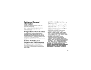Page 143133
Safety and General
InformationIMPORTANT INFORMATION ON SAFE AND
EFFICIENT OPERATION.
READ THIS INFORMATION BEFORE USING
YOUR INTEGRATED MULTI-SERVICE
PORTABLE RADIO.RF Operational CharacteristicsYour radio product contains a radio frequency
transmitter to convey the information you wish to
send as well as occasional automatic signals used
to sustain connection to the wireless network, and a
receiver which enables you to receive
communication and connection information from the
network.Portable Radio...