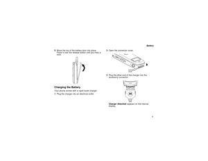 Page 135
Battery
5Move the top of the battery door into place.
Press it over the release button until you hear a
click.
Charging the BatteryYour phone comes with a rapid travel charger.
1Plug the charger into an electrical outlet.2Open the connector cover.
3Plug the other end of the charger into the
accessory connector.
Charger Attachedappears on the internal
display.
connector
cover 