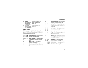 Page 2113
Phone Basics
Status IconsStatus icons appear at the top of the display. Some
appear at all times. Others appear only when your
phone is engaged in certain activities or when you
have activated certain features.p
Profiles
new profile form
list of profiles
Profiles menuGroups of settings you
apply together. See
page 112.
k
Call Alert
list of call alerts
Call Alerts menuLists call alerts. See
page 29.
abcd
efgd
Battery Strength— A fuller battery
indicates a greater charge.
opqr
s
Signal Strength— More...