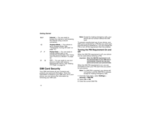 Page 2214Getting StartedSIM Card SecurityYour SIM card stores all your Contacts and
protects your personal information. Since this
information is stored on your SIM card, not in your
phone, you can remove the information by
removing your SIM card.Note:Except for making emergency calls, your
phone will not function without the SIM
card.
To prevent unauthorized use of your phone, your
SIM card is protected by a PIN that you enter each
time the phone is powered on. You can change the
PIN or turn off the...
