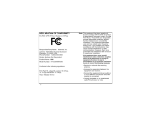 Page 8viDECLARATION OF CONFORMITYPer FCC CFR 47 Part 2 Section 2.1077(a)
Responsible Party Name: Motorola, Inc.
Address: 8000 West Sunrise Boulevard
Plantation, FL 33322 USA
Phone Number: 1 (800) 453-0920
Hereby declares that the product:
Product Name:i830
Model Number: H74XAH6RR4AN
Conforms to the following regulations:
FCC Part 15, subpart B, section 15.107(a),
15.107(d) and section 15.109(a)
Class B Digital DeviceNote:This equipment has been tested and
found to comply with the limits for a Class
B digital...