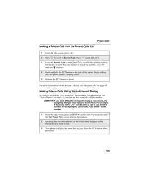 Page 119109
Private Call
Making a Private Call from the Recent Calls List
For more information on the Recent Calls list, see“Recent Calls”on page 67.
Making Private Calls Using Voice-Activated Dialing
If you have recorded a voice name for a Private ID in your Phonebook (see
“Voice Names”on page 43), you can use this feature to call the number.
USER TIP:If you have difficulty making calls using a voice name, try
assigning a longer voice name to the number. For example,
if the voice name“Joe”fails to place a call...