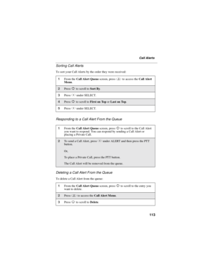 Page 123113
Call Alerts
Sorting Call Alerts
To sort your Call Alerts by the order they were received:
Responding to a Call Alert From the Queue
Deleting a Call Alert From the Queue
To delete a Call Alert from the queue:
1From theCall Alert Queuescreen, pressmto access theCall Alert
Menu.
2PressSto scroll toSort By.
3PressBunder SELECT.
4PressSto scroll toFirst on ToporLast on Top.
5PressBunder SELECT.
1From theCall Alert Queuescreen, pressSto scroll to the Call Alert
you want to respond. You can respond by...
