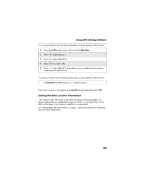 Page 139129
UsingGPSwithMapSoftware
To set your phone to send location information to your laptop or other device:
To stop your phone from sending location data to your laptop or other device:
Each time you power your phone on,Interfaceis automatically set toOff.
Getting the Best Location Information
This feature works best when used while traveling at the typical speed of a
motor vehicle. If your vehicle is moving very slowly, your phone may not be
able to determine your location as quickly or as accurately....