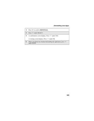 Page 173163
Deinstalling Java Apps
3PressRto scroll toDEINSTALL.
4PressBunder SELECT.
5A confirmation screen displays. PressAunder YES.
A warning screen displays. PressAunder OK.
6When your phone has finished deinstalling the application, pressA
under DONE. 