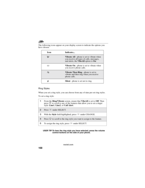 Page 178168
nextel.com
The following icons appear on your display screen to indicate the options you
have chosen:
Ring Styles
When you set a ring style, you can choose from any of nine pre-set ring styles.
To set a ring style:
USER TIP:To hear the ring style you have selected, press the volume
control buttons on the side of your phone.
Icon Indicates...
-Vi b ra te A l l- phone is set to vibrate when
you receive all types of calls, messages,
and alerts; theVibeAlloption isOn.
[Vi b ra te O n- phone is set to...
