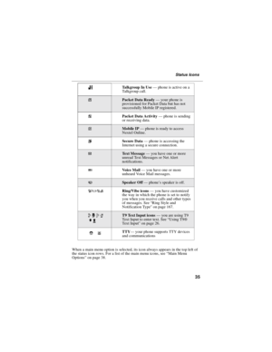 Page 4535
Status Icons
When a main menu option is selected, its icon always appears in the top left of
the status icon rows. For a list of the main menu icons, see“Main Menu
Options”on page 38.%Talkgroup In Use—phone is active on a
Tal kg r ou p c al l.
YPacket Data Ready—your phone is
provisioned for Packet Data but has not
successfully Mobile IP registered.
ZPacket Data Activity—phone is sending
or receiving data.
]Mobile IP—phone is ready to access
Nextel Online.
{Secure Data—phone is accessing the
Internet...
