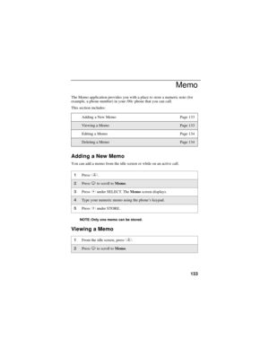 Page 141133
Memo
The Memo application provides you with a place to store a numeric note (for
example, a phone number) in youri90cphone that you can call.
This section includes:
Adding a New Memo
You can add a memo from the idle screen or while on an active call.
NOTE: Only one memo can be stored.
Viewing a Memo
Adding a New Memo Page 133
Vie w in g a Me m oPage 133
Editing a Memo Page 134
Deleting a MemoPage 134
1Pressq.
2PressRto scroll toMemo.
3PressCunder SELECT. TheMemoscreen displays.
4Type your numeric...