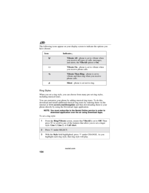 Page 162154
90
nextel.com
The following icons appear on your display screen to indicate the options you
have chosen:
Ring Styles
When you set a ring style, you can choose from many pre-set ring styles,
including musical tones.
You can customize your phone by adding musical ring tones. To do this,
download and install additional musical ring tones by ordering them via the
internet atwww.nextel.com/idenupdateand then downloading them to your
phone directly by using the Download Apps application.
NOTE: You must...