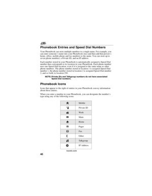 Page 4840
90
nextel.com
Phonebook Entries and Speed Dial Numbers
Your Phonebook can store multiple numbers to a single name. For example, you
can enter someone’s name into your Phonebook once and then add that person’s
home, office, mobile phone and fax numbers to the name. You can store up to
seven phone numbers, a Private ID, and an IP address.
Each number stored in your Phonebook is automatically assigned a Speed Dial
number that corresponds to its location in your Phonebook. Each phone number
uses one Speed...