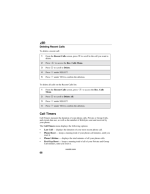 Page 7668
90
nextel.com
Deleting Recent Calls
To delete a recent call:
To delete all calls on the Recent Calls list:
Call Timers
Call Timers measure the duration of your phone calls, Private or Group Calls,
and circuit data use, as well as the number of Kilobytes sent and received by
your phone.
TheCall Timersmenu displays the following options:
Last Call—displays the duration of your most recent phone call.
Phone Reset—keeps a running total of your phone call minutes, until you
reset it.
Phone...