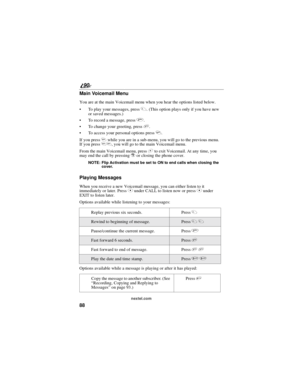 Page 9688
90
nextel.com
Main Voicemail Menu
You are at the main Voicemail menu when you hear the options listed below.
To play your messages, press1
.(This option plays only if you have new
or saved messages.)
To record a message, press2.
To change your greeting, press3.
To access your personal options press4.
If you press*while you are in a sub-menu, you will go to the previous menu.
If you press**, you will go to the main Voicemail menu.
From the main Voicemail menu, press#to exit Voicemail. At any time,...