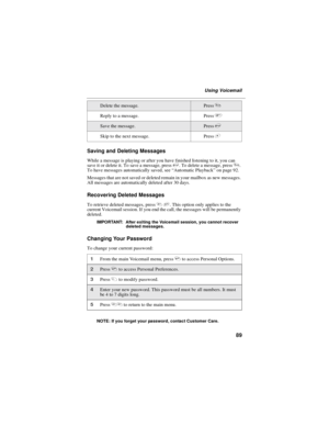 Page 9789
Using Voicemail
Saving and Deleting Messages
While a message is playing or after you have finished listening to it, you can
save it or delete it. To save a message, press9. To delete a message, press7.
To have messages automatically saved, see“Automatic Playback”on page 92.
Messages that are not saved or deleted remain in your mailbox as new messages.
All messages are automatically deleted after 30 days.
Recovering Deleted Messages
To retrieve deleted messages, press*3. This option only applies to...
