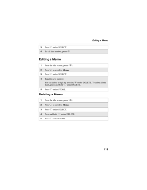 Page 129119
Editing a Memo
Editing a Memo
Deleting a Memo
3Press C under SELECT. 
4To call this number, press s.
1From the idle screen, press q. 
2Press R to scroll to Memo.
3Press C under SELECT. 
4Type the new number.
You can delete a digit by pressing C under DELETE. To delete all the 
digits, press and hold C under DELETE.
5Press C under STORE.
1From the idle screen, press q. 
2Press R to scroll to Memo.
3Press C under SELECT. 
4Press and hold C under DELETE. 
5Press C under STORE. 