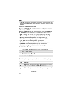 Page 144134
nextel.com
VibeAll—choosing On sets the phone to vibrate for all calls, messages, and 
alerts; choosing Off enables you set the type of notification for each of these 
features.
Ring Style and Notification Type
When you set VibeAll to On, your phone vibrates to notify you of all types of 
calls, messages, and alerts.
When you set VibeAll to Off, the following features display after VibeAll on 
the Ring/Vibrate screen, enabling you to set notification options for each:
Line 1—sets the ring style and...