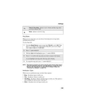 Page 145135
Settings
Ring Styles
When you set a ring style, you can choose from many pre-set ring styles, 
including musical tones.
To set a ring style:
NOTE: Ring styles are stored in your phone using the same memory space used to 
store Java applications data (see “Java Apps Memory” on page 130), Voice 
Records, (see “Voice Record” on page 120) and wallpaper images (see 
“Choosing Your Wallpaper” on page 139).
Notification Types
When you set a notification type, you have these options:
Ring—the phone rings to...