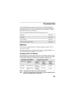 Page 169159
Accessories
To order additional accessories, go to nextel.com or call Nextel NextdaySM 
Accessories at 1-800-914-3240. You can also contact your Nextel Authorized 
Sales Representative or stop by any Nextel Store. For information on Nextel 
retail store locations, go to nextel.com.
This section includes information on the following accessories:
Batteries
For best results, charge the batteries within the temperature range of 10oC to 
40oC (50oF to 104oF).
Prolonged charging is not recommended. For...