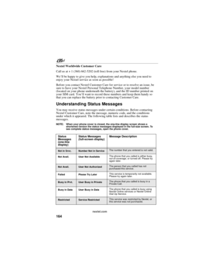 Page 174164
nextel.com
Nextel Worldwide Customer Care
Call us at + 1 (360) 662-5202 (toll free) from your Nextel phone.
We’ll be happy to give you help, explanations and anything else you need to 
enjoy your Nextel service as soon as possible!
Before you contact Nextel Customer Care for service or to resolve an issue, be 
sure to have your Nextel Personal Telephone Number, your model number 
(located on your phone underneath the battery), and the ID number printed on 
your SIM card. You’ll want to record these...