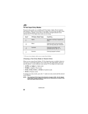 Page 3222
nextel.com
T9 Text Input Entry Modes
Four text entry modes are available in T9 Text Input: Alpha, Word, Symbols, 
and Numeric. When you are using T9 Text Input, an icon in the top right corner 
of your phone’s display screen (next to the battery strength indicator icon) 
indicates the T9 Text Input entry mode you are using.
*  T9 icons do not display while you are using Nextel Online.
Choosing a Text Entry Mode on Nextel Online
When you are using Nextel Online, T9 Text Input becomes available whenever...