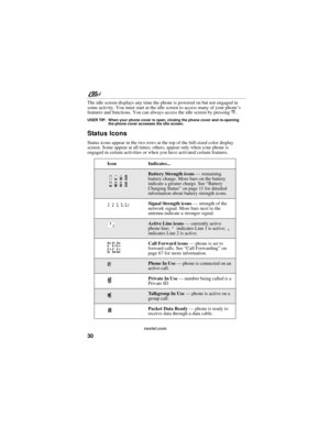 Page 4030
nextel.com
The idle screen displays any time the phone is powered on but not engaged in 
some activity. You must start at the idle screen to access many of your phone’s 
features and functions. You can always access the idle screen by pressing r.
USER TIP: When your phone cover is open, closing the phone cover and re-opening 
the phone cover accesses the idle screen.
Status Icons
Status icons appear in the two rows at the top of the full-sized color display 
screen. Some appear at all times; others,...