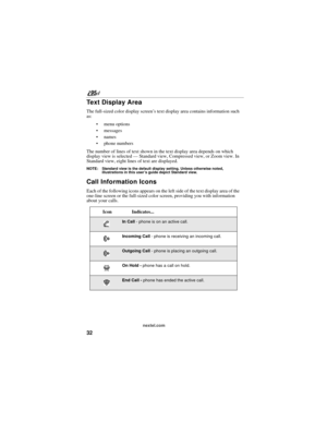 Page 4232
nextel.com
Text Display Area
The full-sized color display screen’s text display area contains information such 
as: 
 menu options
messages
 names
 phone numbers
The number of lines of text shown in the text display area depends on which 
display view is selected — Standard view, Compressed view, or Zoom view. In 
Standard view, eight lines of text are displayed.
NOTE: Standard view is the default display setting. Unless otherwise noted, 
illustrations in this user’s guide depict Standard view....