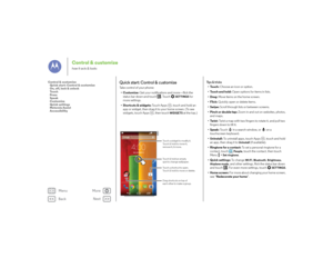 Page 16Back
Next
Menu
More
Control & customizehow it acts & looks
Quick start: Control & customizeTake control of your phone:
• Customize: Get your notifications and more—flick the  status bar down and touch . Touch 
SETTINGS
 for 
more settings.
•Shortcuts & widgets:  Touch Apps , touch and hold an 
app or widget, then drag it to your home screen. (To see 
widgets, touch Apps , then touch
WIDGETS
 at the top.)
4:00
4:00WED, DECEMBER 18
GoogleGoogle
Play Store
Touch a shortcut to open.
Touch & hold to move or...
