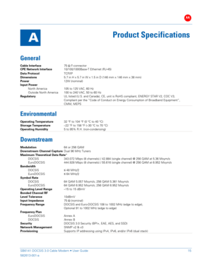 Page 20B 
 
 
SB6141 DOCSIS 3.0 Cable Modem • User Guide 15 
582613- 001-a  
 
A  
Product Specifications  
General 
Cable Interface   75 Ω
 F- connector  
CPE Network Interface   10/100/1000Base- T Ethernet (RJ-45)  
 Data Protocol    TCP/IP 
Dimensions    5.7 in H x 5.7 in W x 1.5 in D (146 mm x 146 mm x 38 mm)  
Power   12W (nominal) 
Input Power  
  North America  105 to 125 VAC, 60 Hz 
  Outside North America   100 to 240 VAC, 50 to 60 Hz  
Regulatory  UL listed (U.S. and Canada), CE, unit is RoHS complia...