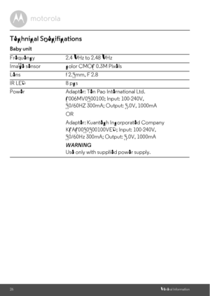 Page 26KSAS0050500100VED; Input: 100-240V,  S006MV0500100; Input: 100-240V, 26General InformationBaby unit Technical SpecificationsFrequency 2.4 GHz to 2.48 GHz
Image sensor color CMOS 0.3M Pixels
Lens f 2.5mm, F 2.8
IR LED 8 pcs
Power Adapter: Ten Pao International Ltd. 
50/60HZ 300mA; Output: 5.0V, 1000mA 
OR
Adapter: Kuantech Incorporated Company 
50/60Hz 300mA; Output: 5.0V, 1000mA
WARNING
Use only with supplied power supply. 