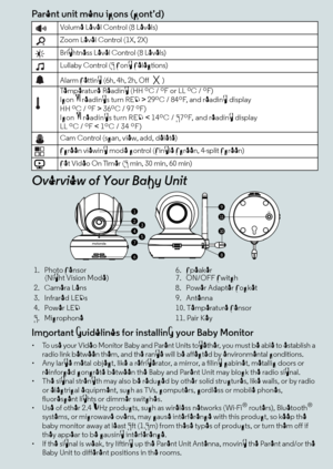 Page 4Important guidelines for installing your Baby Monitor•  To use your Video Monitor Baby and Parent Units together, you must be able to establish a 
radio link between them, and the range will be affected by environmental conditions.
•  Any large metal object, like a refrigerator, a mirror, a filing cabinet, metallic doors or 
reinforced concrete between the Baby and Parent Unit may block the radio signal.
•  The signal strength may also be reduced by other solid structures, like walls, or by radio 
or...