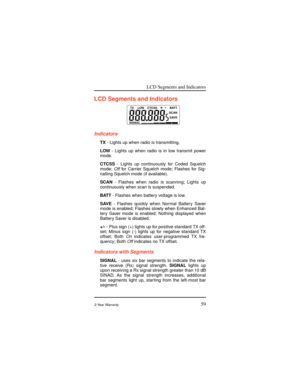 Page 67LCD Segments and Indicators
592-Year Warranty
LCD Segments and Indicators
Indicators
TX - Lights up when radio is transmitting.
LOW - Lights up when radio is in low transmit power
mode.
CTCSS - Lights up continuously for Coded Squelch
mode;
Off for Carrier Squelch mode; Flashes for Sig-
nalling Squelch mode (if available).
SCAN - Flashes when radio is scanning; Lights up
continuously when scan is suspended.
BATT - Flashes when battery voltage is low.
SAVE - Flashes quickly when Normal Battery Saver
mode...