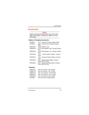 Page 81Accessories
732-Year Warranty
Accessories
NOTEPlease note that all accessories may not be avail-
able in all markets. Contact your dealer for more
information.
Battery & Charging Accessories:
HTN8232_ 110V - Standard Charging Adapter (Wall)
HTN9002_ 220V - Standard Euro Charging Adapter
(Wall)
PMLN4097_ Alkaline Battery Case
PMNN4002_ Ni-Cd Rechargeable High Capacity Battery
Pack
PMNN4003_ Ni-Cd Rechargeable Low Capacity Battery
Pack
PMTN4020_ 110V - Rapid Desktop Battery Charger /
Insert
PMTN4021_ 110V...