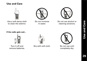 Page 30Use and Care
29
X
XX X
XX
Use and Care
If the radio gets wet...
Use a soft damp cloth
to clean the exterior.Do not immerse
in water.Do not use alcohol or
cleaning solutions.
Turn it off and
remove batteries.Dry with soft cloth. Do not use until
completely dry.
  