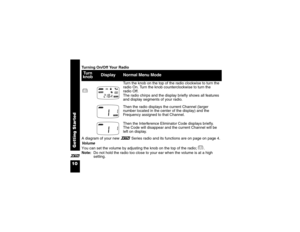 Page 22Getting Started
10XTurning On/Off Your Radio
A diagram of your new XSeries radio and its functions are on page on page 4.
Vo l u m e
You can set the volume by adjusting the knob on the top of the radio; P. 
Note:  Do not hold the radio too close to your ear when the volume is at a high 
setting.
Tu r n  
knob
Display
Normal Menu Mode
PTurn the knob on the top of the radio clockwise to turn the 
radio On. Turn the knob counterclockwise to turn the 
radio Off. 
The radio chirps and the display briefly...