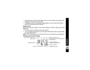 Page 2917Features
X If you don’t hear the Talk Confirmation Tone, you can enable it by pressing and 
holding ] as you turn on your radio. 
To disable the End-of-Transmission Tone feature, turn your radio Off and then 
back On while pressing and holding ].
Keypad Tones
Every time you press a button on your radio it beeps to confirm, unless you turn this 
feature off.
Turn your radio On while you press and hold 
[. 
To turn Keypad Tones back on, turn the radio Off and then back On again while 
you press and...