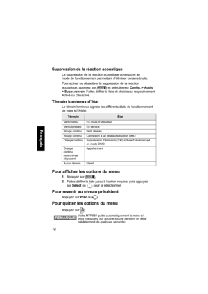 Page 12416
Français
Suppression de la réaction acoustique
La suppression de la réaction acoustique correspond au 
mode de fonctionnement permettant d’éliminer certains bruits.
Pour activer ou désactiver la suppression de la réaction 
acoustique, appuyez sur   et sélectionnez Config. > Audio 
> Suppr.ronron. Faites défiler la liste et choisissez respectivement 
Activé ou Désactivé.
Témoin lumineux d’état
Le témoin lumineux signale les différents états de fonctionnement 
de votre MTP850.
Pour afficher les options...