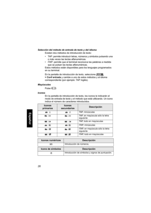 Page 18826
Español
Selección del método de entrada de texto y del idioma
Existen dos métodos de introducción de texto:
• TAP: permite introducir letras, números y símbolos pulsando una 
o más veces las teclas alfanuméricas.
• iTAP: permite que el terminal reconozca las palabras a medida 
que se pulsan las teclas alfanuméricas.
Estos métodos están disponibles para los lenguajes programados 
en su terminal.
En la pantalla de introducción de texto, seleccione 
> Conf entrada y cambie a uno de estos métodos y al...