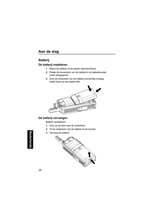 Page 24428
Nederlands
Aan de slag
Batterij
De batterij installeren
1.Neem de batterij uit de plastic beschermhoes.
2.Plaats de bovenkant van de batterij in de batterijhouder, 
zoals aangegeven.
3.Duw de onderkant van de batterij voorzichtig omlaag, 
totdat deze op zijn plaats klikt. 
De batterij vervangen
Batterij verwijderen: 
1.Duw op de klem aan de onderkant. 
2.Til de onderkant van de batterij uit de houder. 
3.Vervang de batterij. 