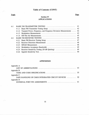 Page 5Topic
Table 
of Contents  (CONT)
Page
Section  IV
APPLICATIONS
BASIC  FM TRANSMITTER  TESTING  4T
4-lJ  Basic FM 
Transmitter  Testing 
Setup  42
4-r
4-2 4-2.5  Receiver  Sensitivity  Testing (20 
dB 
Quieting)
4-2.6  Squelch  Sensitivity  Test 
.  50
APPENDIXES
Appendix  A
LIST  OF ABBREVIATIONS  53
Appendix  B
TONE  AND CODE  SPECIFICATIONS  55
Appendix  C
SAFE  HANDLING 
OF CMOS  INTEGRATED  CIRCUIT DEVICES
Appendix  D
EXTERNAL  PORT 
PIN ASSIGNMENTS  61
4-L.2 
Transmit  Power, Frequency, 
and...