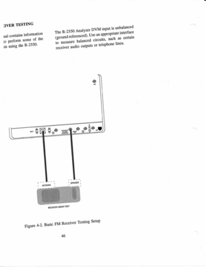 Page 57IVER 
TESTING
ual  connins  information
,i  p.rrot* 
some of 
the
rts  using  the 
R-2550 The 
R-2550  Analyzer  DVM 
input 
is 
unbalanced
Gfi;;;;TY:l;ffi  fi?i::3ff :::#;
to  measure  balanc
receiver  audio 
outputs  or 
telephone  lines
Figure  4-2 
Basic  FM 
Receiver  Testing 
Setup
46 p.^gffio-t
RECEIVEB  UNDER 
TEST 