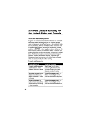 Page 6866
Motorola Limited Warranty for 
the United States and Canada
Motorola Limited Warranty
What Does this Warranty Cover? 
Subject to the exclusions contained below, Motorola, Inc. warrants its 
telephones, pagers, messaging devices, and consumer two-way 
radios that operate via Family Radio Service or General Mobile Radio 
Service (“Products”), Motorola-branded or certified accessories sold 
for use with these Products (“Accessories”) and Motorola software 
contained on CD-ROMS or other tangible media and...