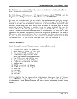 Page 6Wells-Garnder Color Vector Monitor Guide Page 6 of 75 The Amplifone uses a neck socket that is the same as most other (non-vector) monitors, but the 
Wells-Gardner uses a different socket. 
 
The Wells-Gardner 6100 series uses a 100-degree RCA picture tube (19VLUP22) while the 
Amplifone uses a 90-degree medium resolution Rauland tube (M48AAWOOX). 
 
It is pretty easy to check to see if your tube is bad (it does not happen often, but it does happen). 
Pins on the tube neck are counted counter-clockwise...